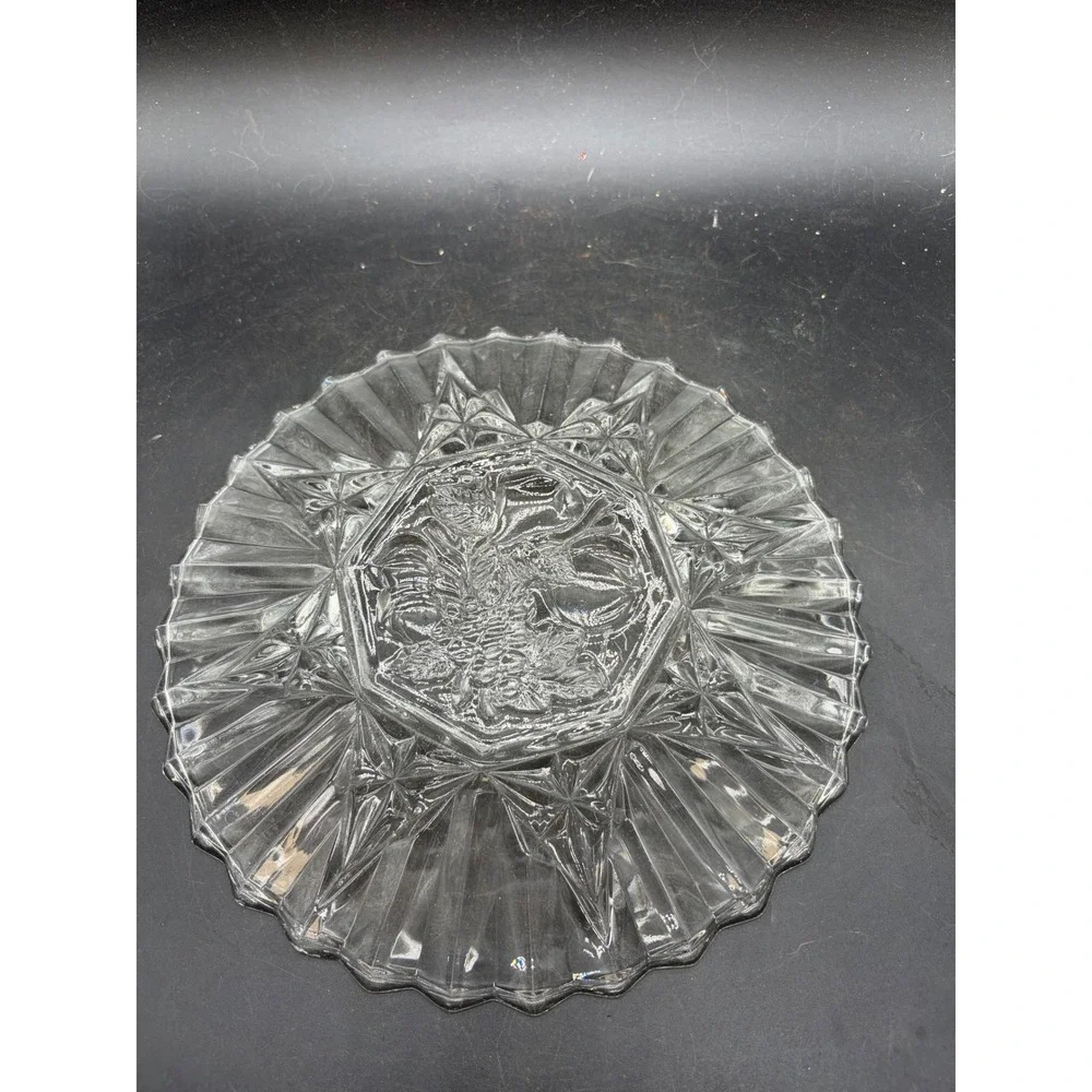Vintage Pressed Clear Glass Fruit Medallion Plate Scalloped Starburst Edge 8in